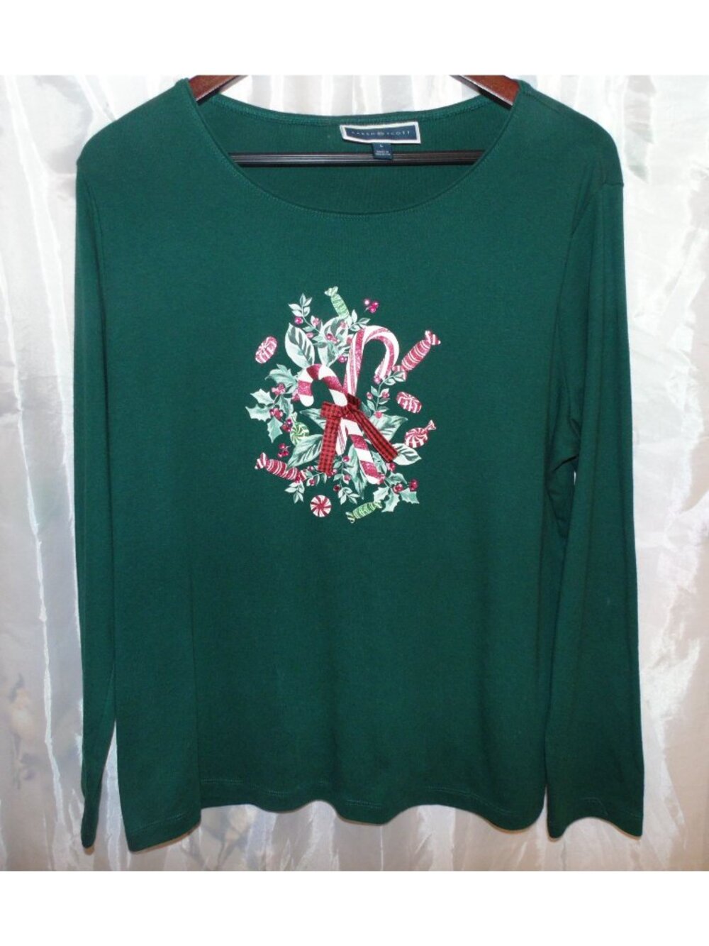 Karen Scott Tee Shirt L Green Cotton Long Sleeve Glitter Candy Canes Holly